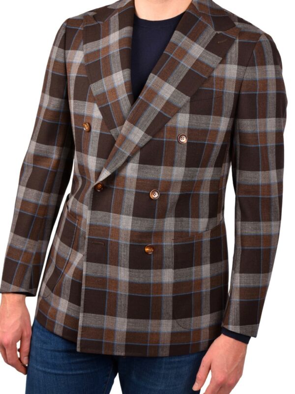 STILE LATINO wool double breasted blazer check brown gray